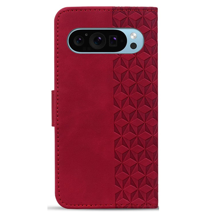 For Google Pixel 9 Pro XL Case Rhombus Pattern Leather Wallet Phone Cover - Red