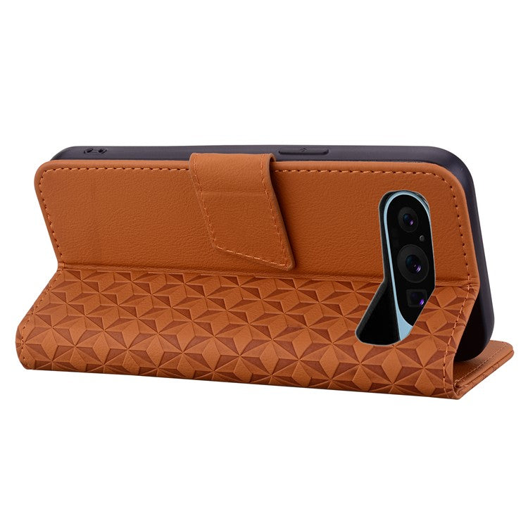 For Google Pixel 9 Pro XL Case Rhombus Pattern Leather Wallet Phone Cover - Brown