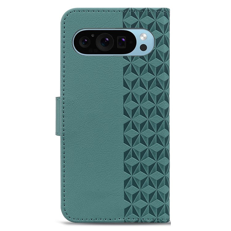 For Google Pixel 9 Pro XL Case Rhombus Pattern Leather Wallet Phone Cover - Green