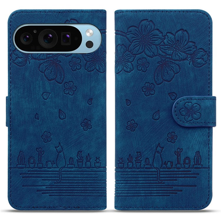 For Google Pixel 9 Pro XL Case Flip Stand Leather Phone Cover Cherry Blossom Cat Imprinted - Blue