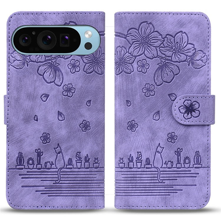 For Google Pixel 9 Pro XL Case Flip Stand Leather Phone Cover Cherry Blossom Cat Imprinted - Purple