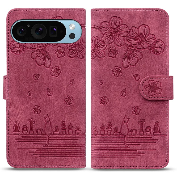 For Google Pixel 9 Pro XL Case Flip Stand Leather Phone Cover Cherry Blossom Cat Imprinted - Wine Red