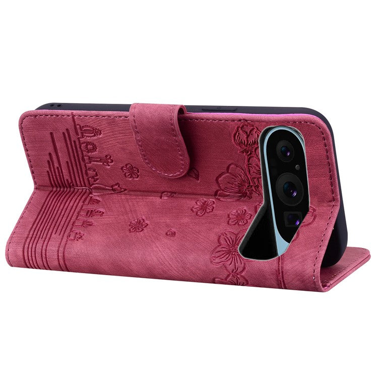 For Google Pixel 9 Pro XL Case Flip Stand Leather Phone Cover Cherry Blossom Cat Imprinted - Wine Red