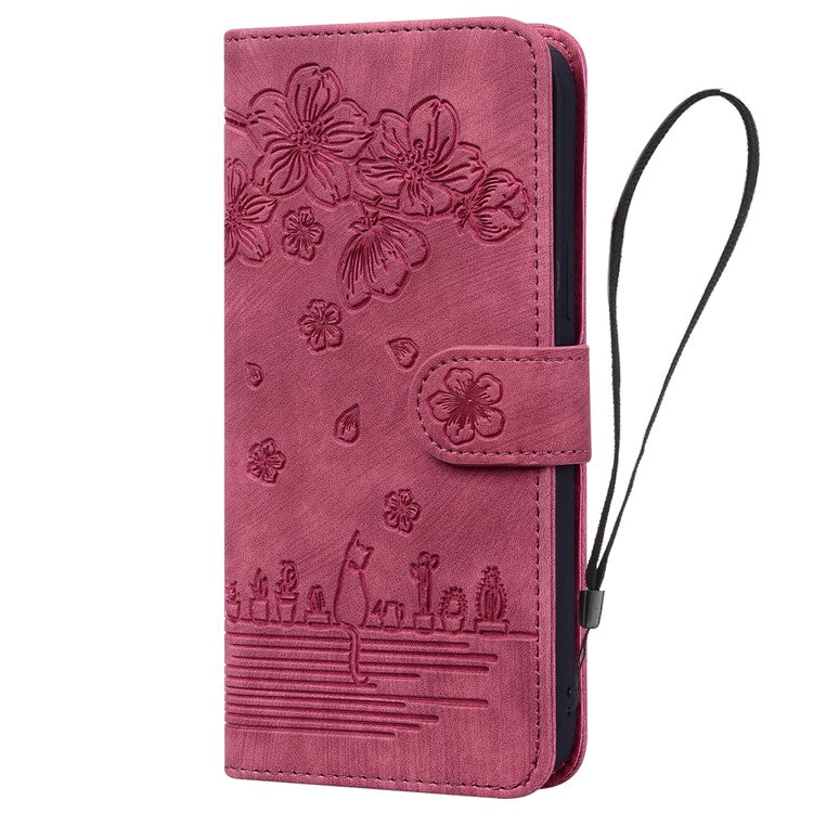 For Google Pixel 9 Pro XL Case Flip Stand Leather Phone Cover Cherry Blossom Cat Imprinted - Wine Red