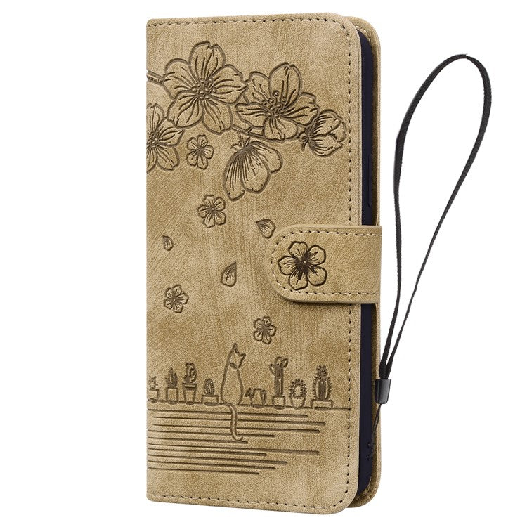 For Google Pixel 9 Pro XL Case Flip Stand Leather Phone Cover Cherry Blossom Cat Imprinted - Brown