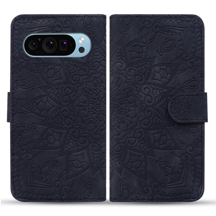 For Google Pixel 9 Pro XL Case PU Leather Wallet Flip Phone Cover Flower Imprinted - Black