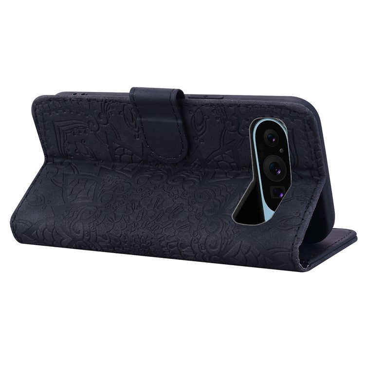 For Google Pixel 9 Pro XL Case PU Leather Wallet Flip Phone Cover Flower Imprinted - Black