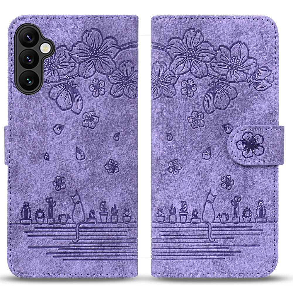 For Samsung Galaxy A16 5G / A16 4G Case Flip Stand Leather Phone Cover Cherry Blossom Cat Imprinted - Purple