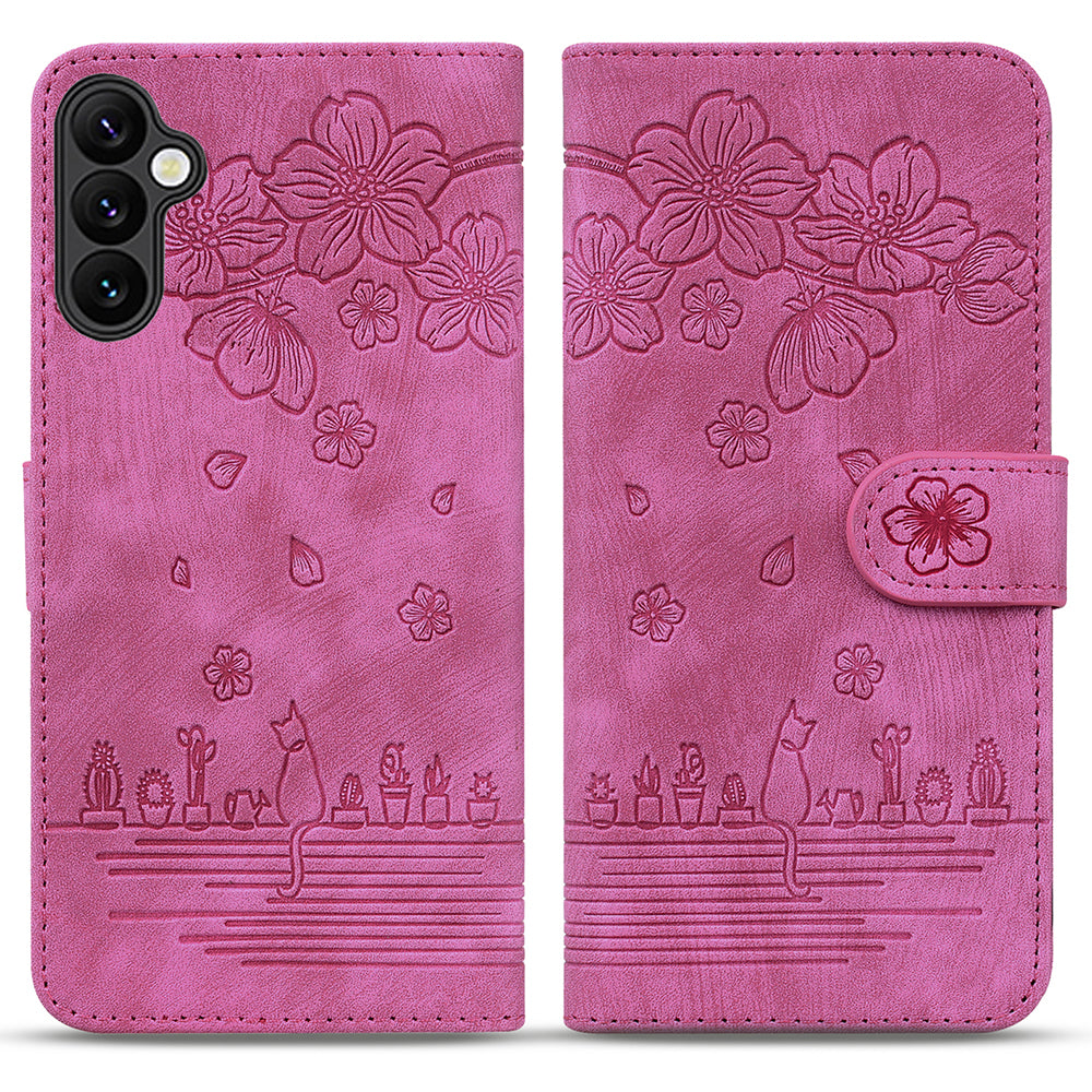 For Samsung Galaxy A16 5G / A16 4G Case Flip Stand Leather Phone Cover Cherry Blossom Cat Imprinted - Rose
