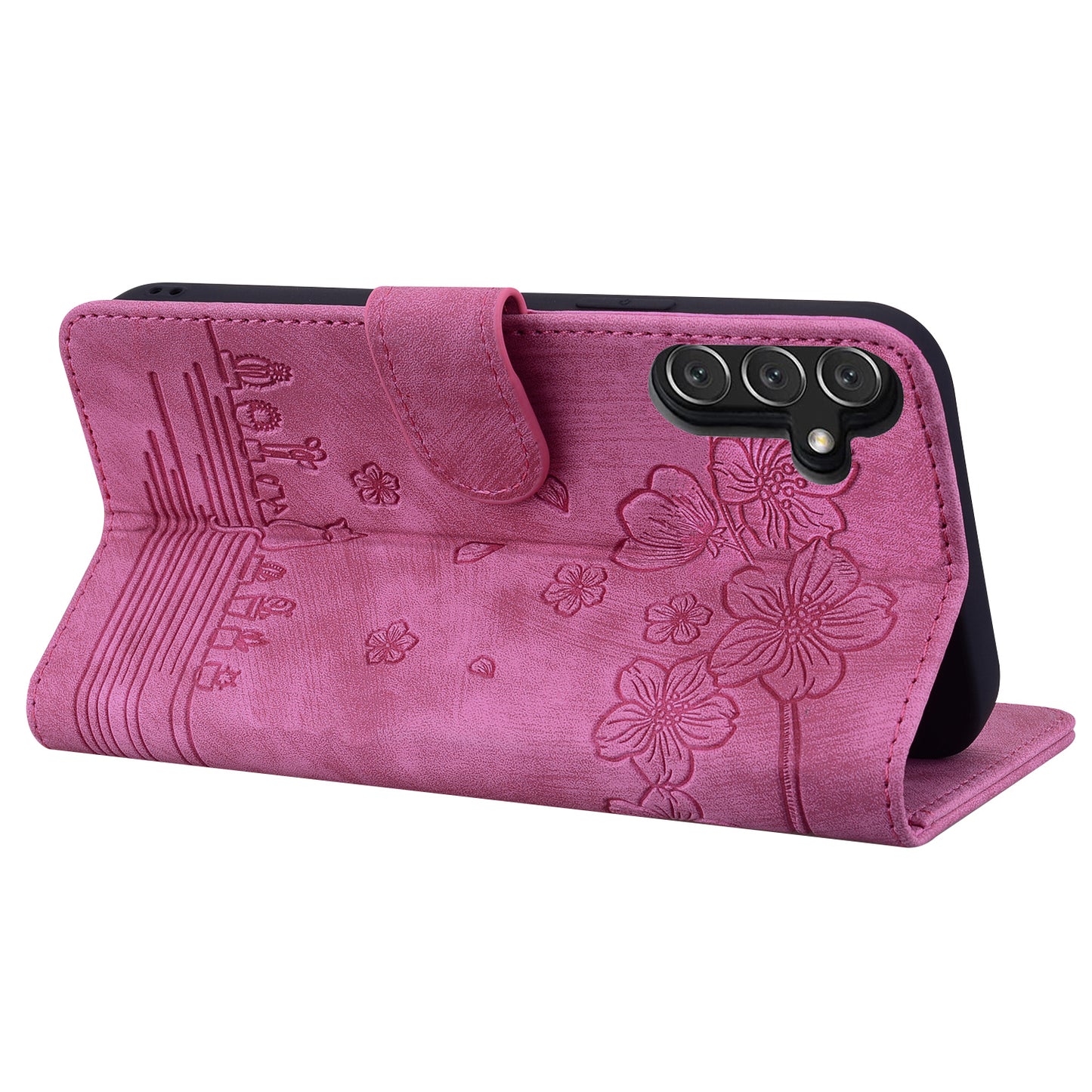 For Samsung Galaxy A16 5G / A16 4G Case Flip Stand Leather Phone Cover Cherry Blossom Cat Imprinted - Rose