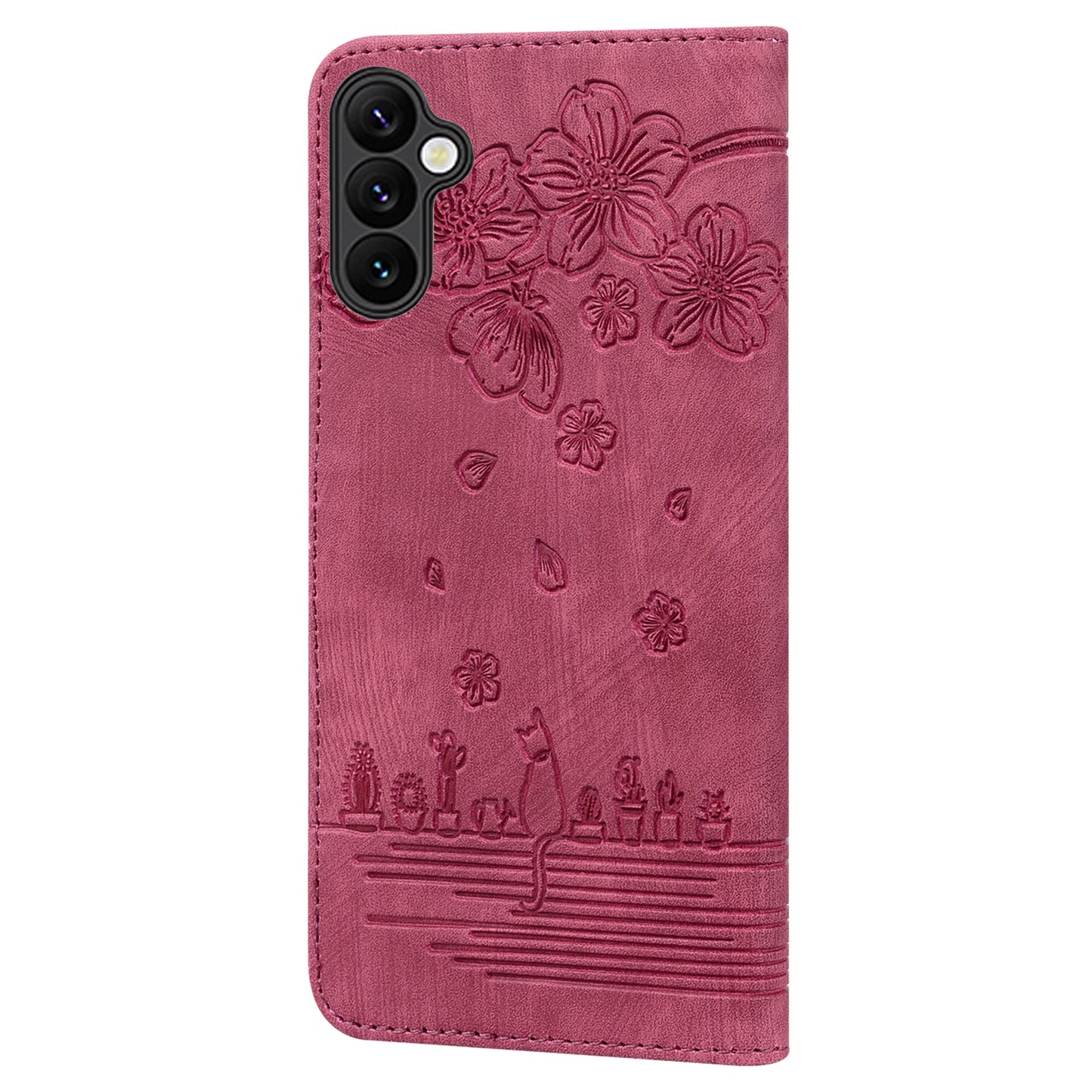 For Samsung Galaxy A16 5G / A16 4G Case Flip Stand Leather Phone Cover Cherry Blossom Cat Imprinted - Wine Red