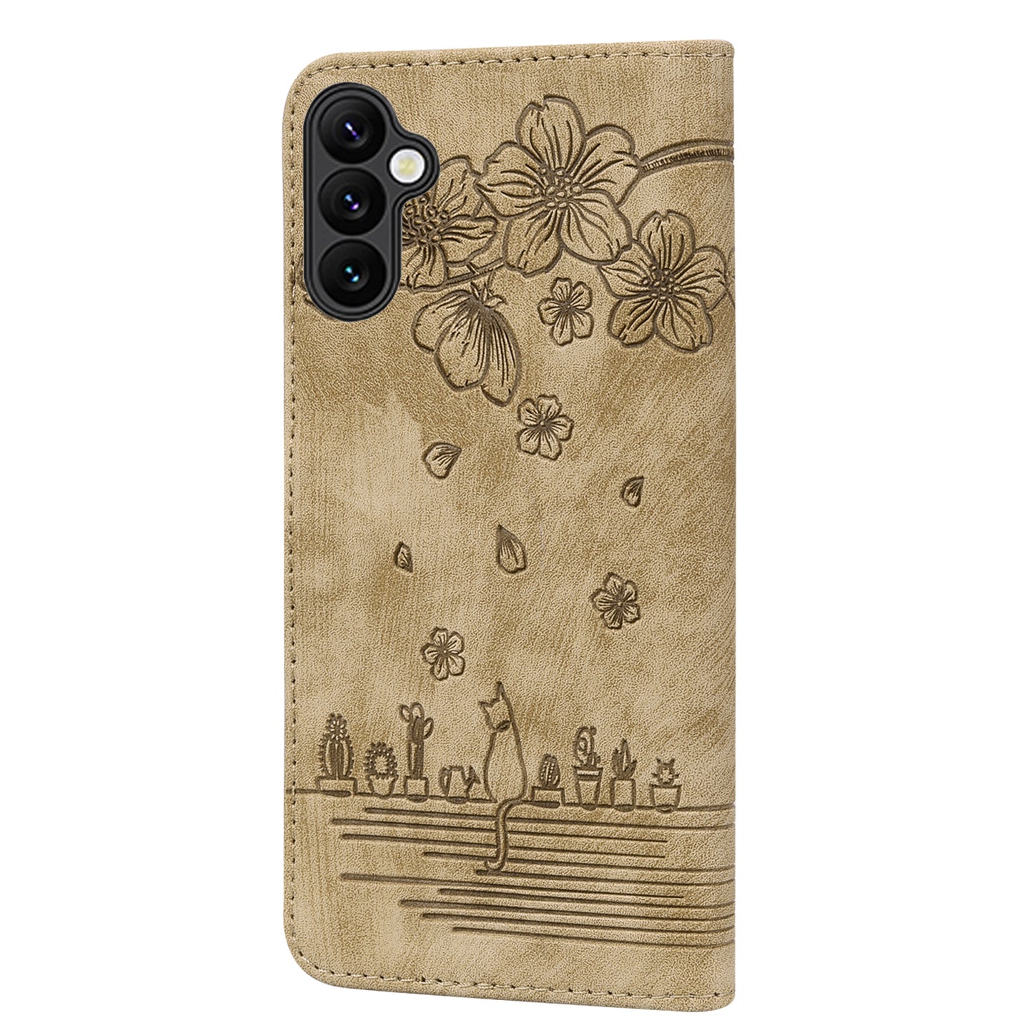 For Samsung Galaxy A16 5G / A16 4G Case Flip Stand Leather Phone Cover Cherry Blossom Cat Imprinted - Brown