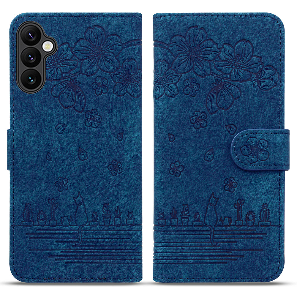 For Samsung Galaxy A16 5G / A16 4G Case Flip Stand Leather Phone Cover Cherry Blossom Cat Imprinted - Blue