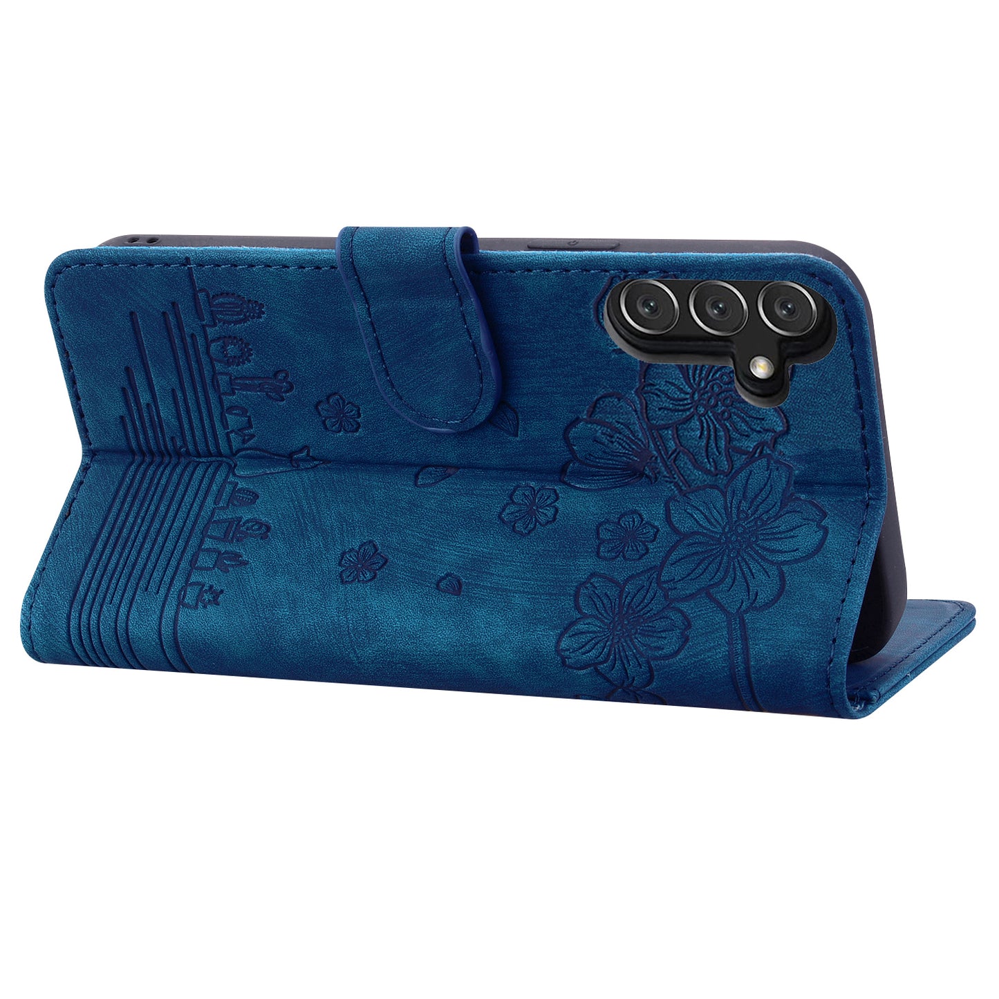 For Samsung Galaxy A16 5G / A16 4G Case Flip Stand Leather Phone Cover Cherry Blossom Cat Imprinted - Blue