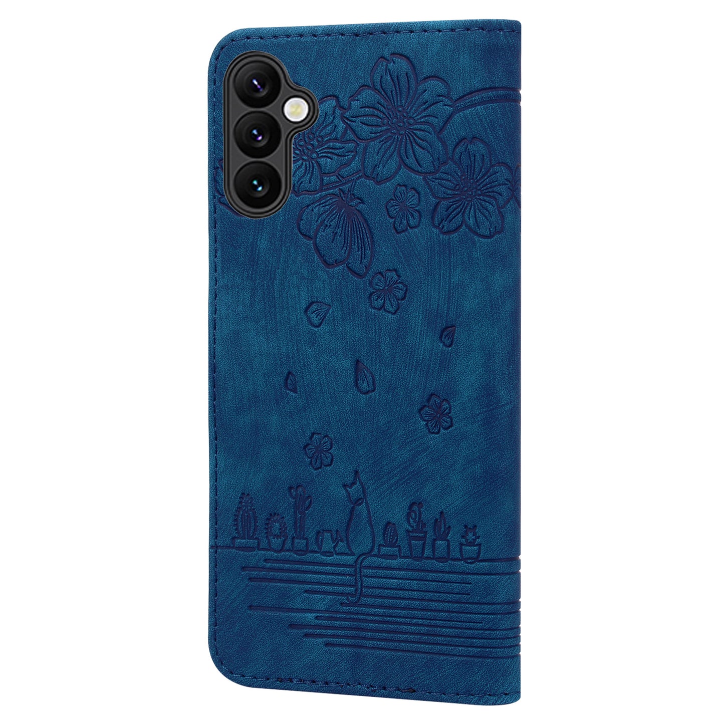 For Samsung Galaxy A16 5G / A16 4G Case Flip Stand Leather Phone Cover Cherry Blossom Cat Imprinted - Blue