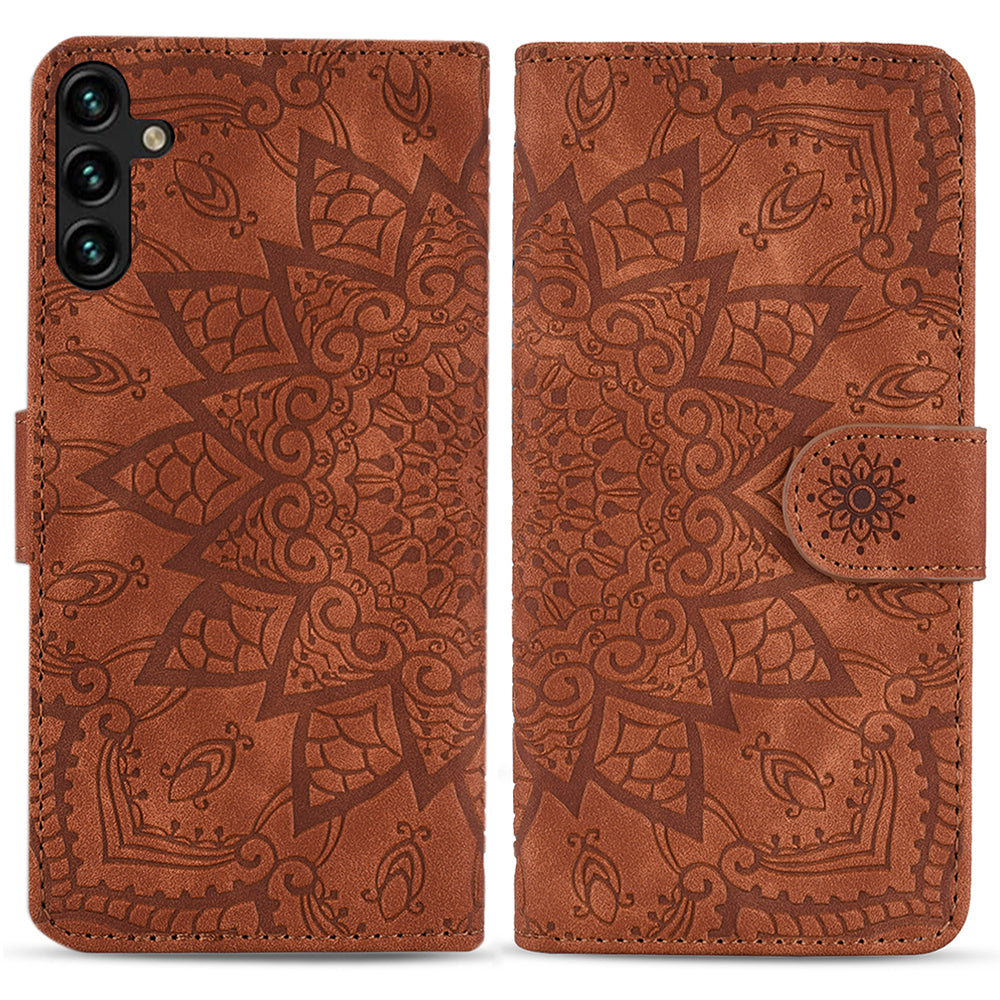 For Samsung Galaxy A16 5G / A16 4G Case PU Leather Wallet Flip Phone Cover Flower Imprinted - Brown