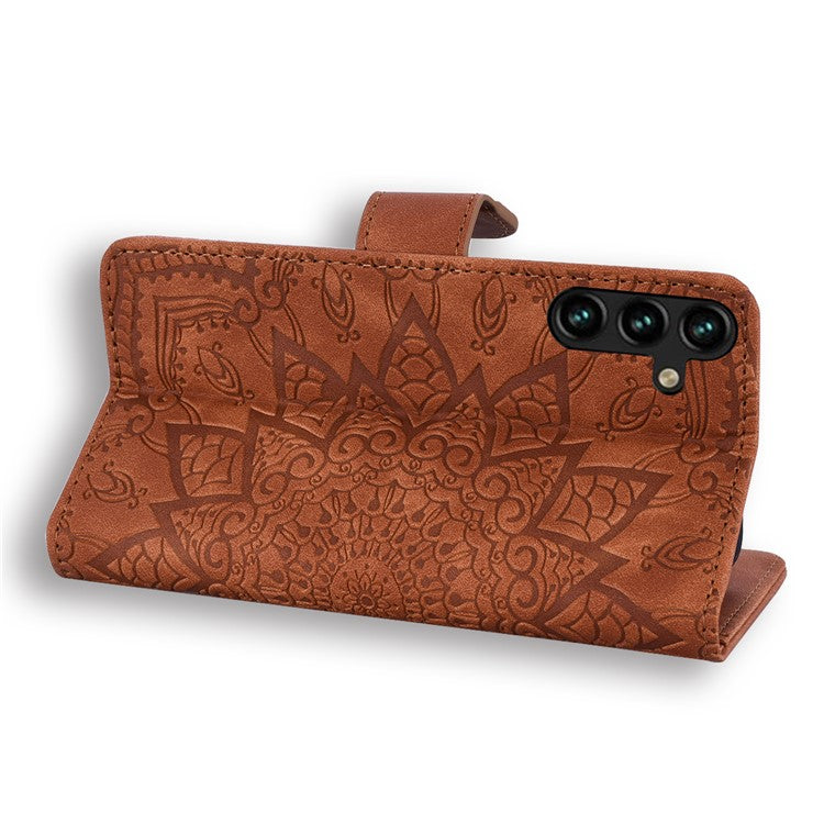 For Samsung Galaxy A16 5G Case PU Leather Wallet Flip Phone Cover Flower Imprinted - Brown