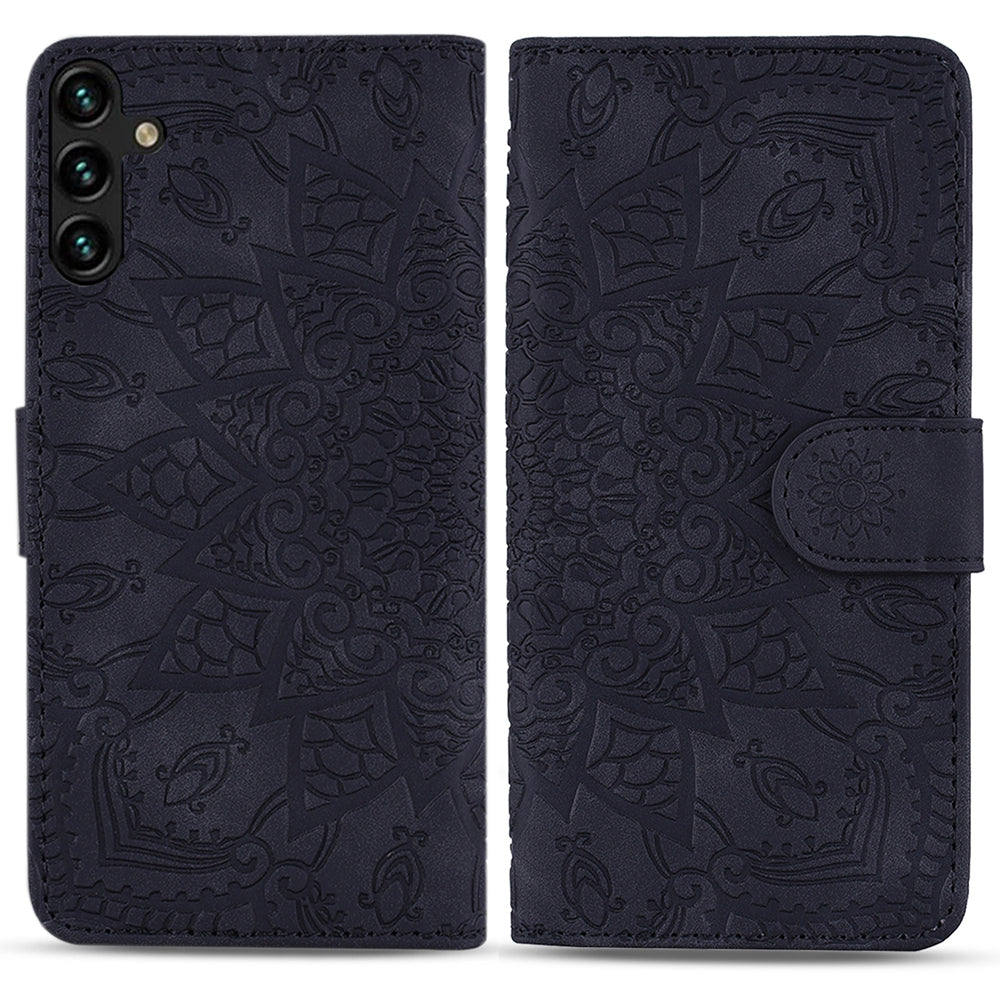 For Samsung Galaxy A16 5G / A16 4G Case PU Leather Wallet Flip Phone Cover Flower Imprinted - Black