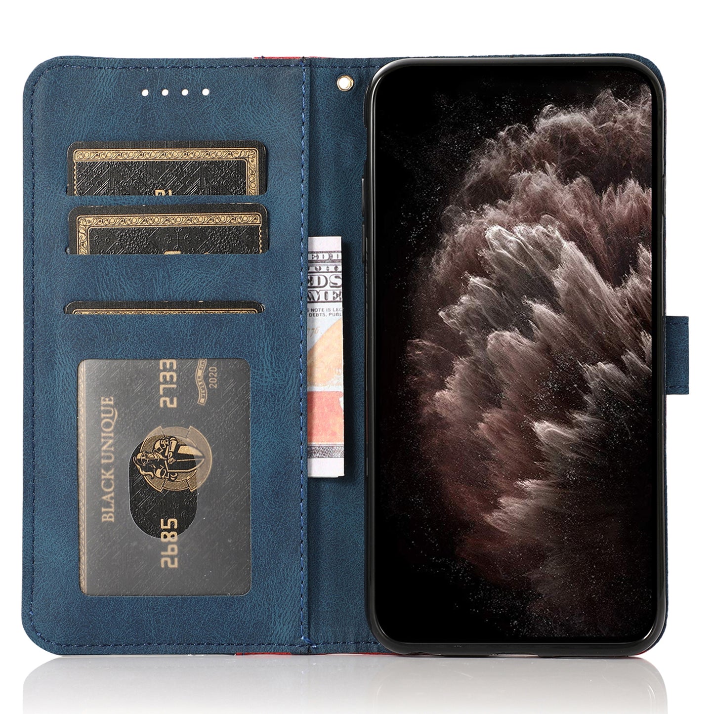 For Samsung Galaxy A06 Cover Color Splicing Wallet Stand Leather Phone Case with Wrist Strap - Red+Blue