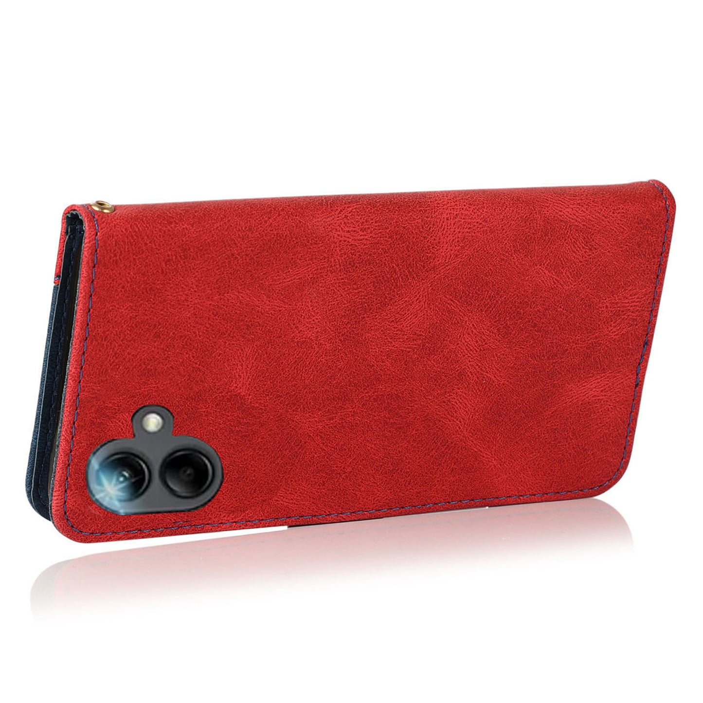 For Samsung Galaxy A06 Cover Color Splicing Wallet Stand Leather Phone Case with Wrist Strap - Red+Blue