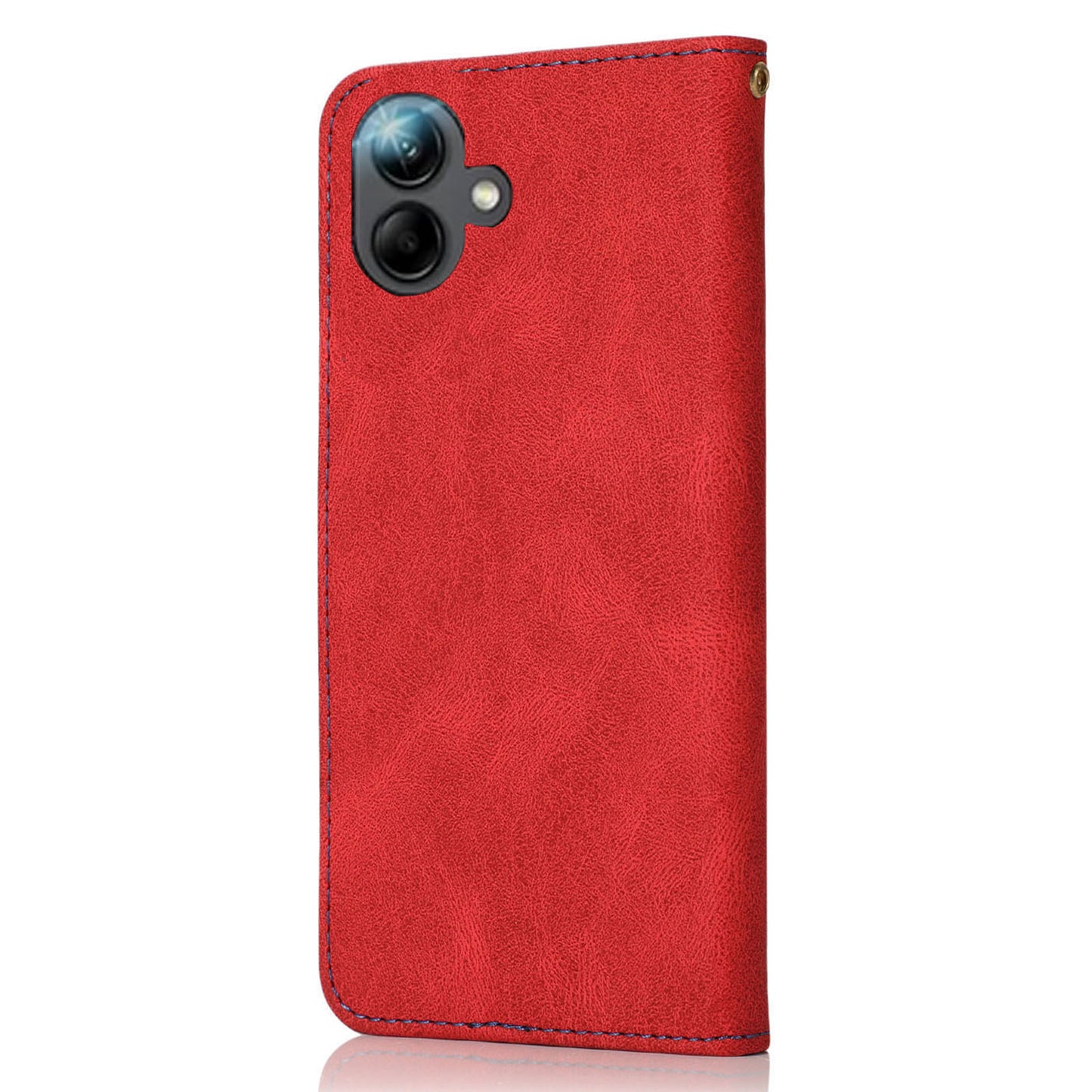 For Samsung Galaxy A06 Cover Color Splicing Wallet Stand Leather Phone Case with Wrist Strap - Red+Blue