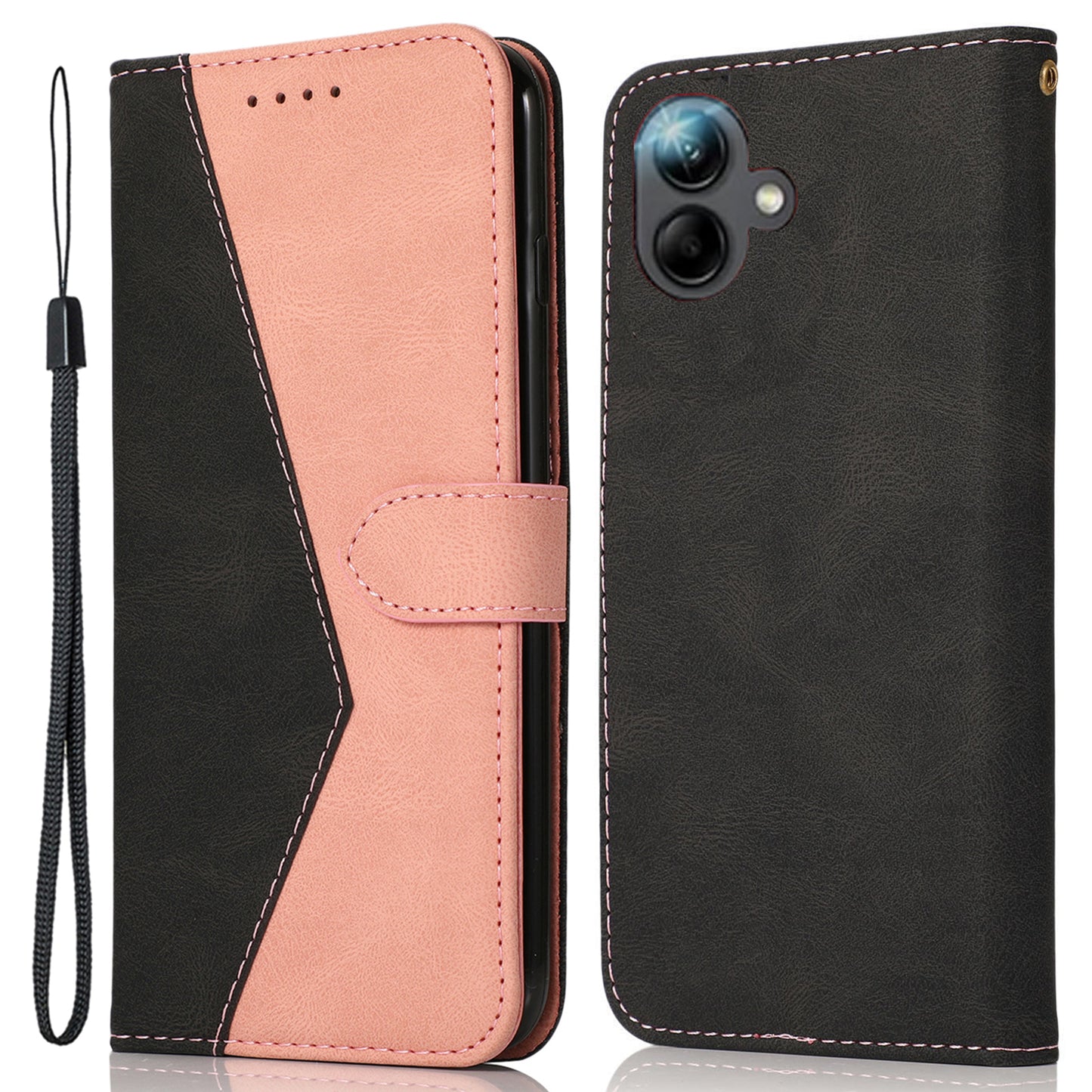For Samsung Galaxy A06 Cover Color Splicing Wallet Stand Leather Phone Case with Wrist Strap - Black+Rose Gold