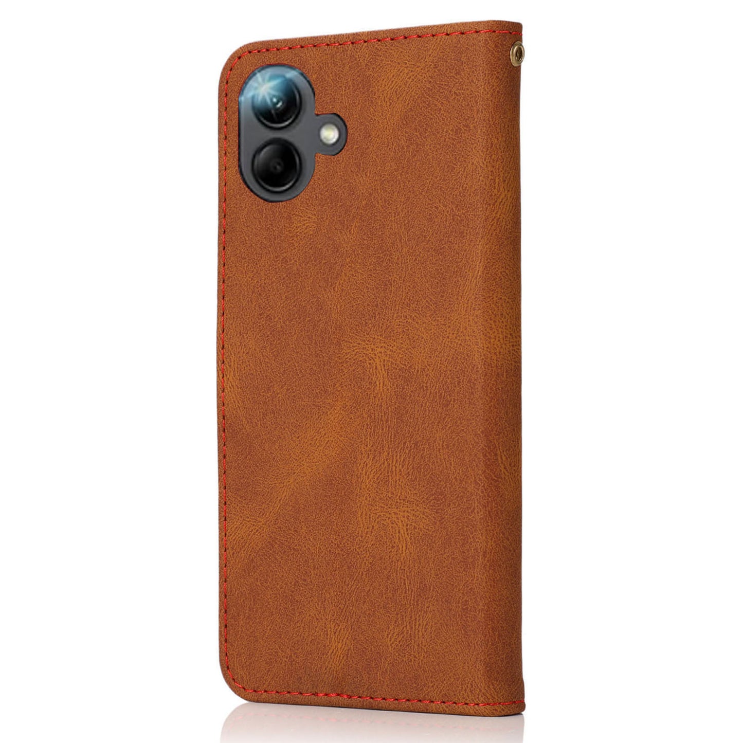 For Samsung Galaxy A06 Cover Color Splicing Wallet Stand Leather Phone Case with Wrist Strap - Brown+Red