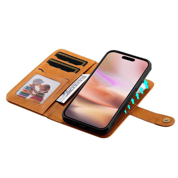 KT Leather Series-4 For iPhone 16 Plus Case 2 in 1 Detachable Wallet Leather Phone Cover - Brown