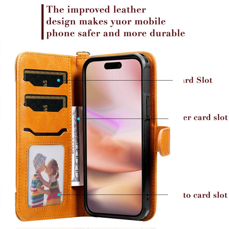 KT Leather Series-4 For iPhone 16 Plus Case 2 in 1 Detachable Wallet Leather Phone Cover - Brown