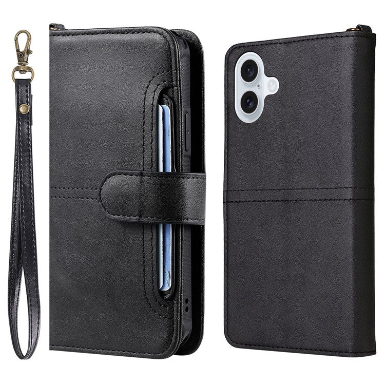 KT Leather Series-4 For iPhone 16 Plus Case 2 in 1 Detachable Wallet Leather Phone Cover - Black