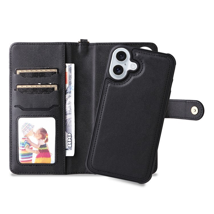 KT Leather Series-4 For iPhone 16 Plus Case 2 in 1 Detachable Wallet Leather Phone Cover - Black
