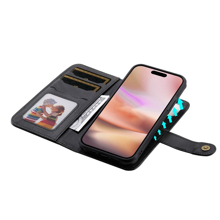 KT Leather Series-4 For iPhone 16 Plus Case 2 in 1 Detachable Wallet Leather Phone Cover - Black