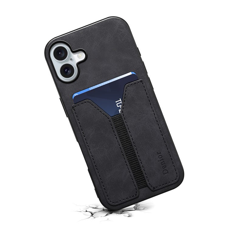 DENIOR For iPhone 16 Plus Case Elastic Card Holder PU Leather+TPU+PC Phone Cover - Black