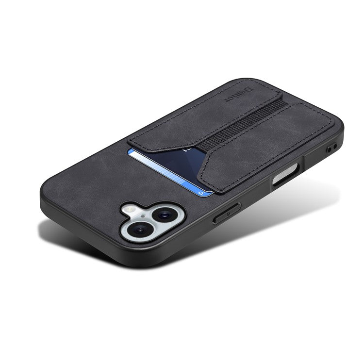 DENIOR For iPhone 16 Plus Case Elastic Card Holder PU Leather+TPU+PC Phone Cover - Black