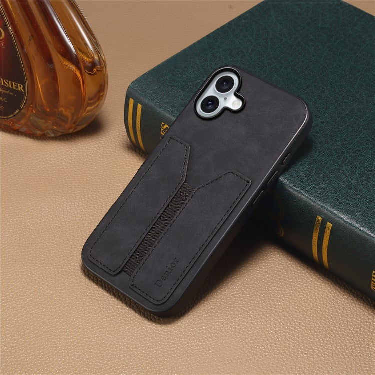DENIOR For iPhone 16 Plus Case Elastic Card Holder PU Leather+TPU+PC Phone Cover - Black