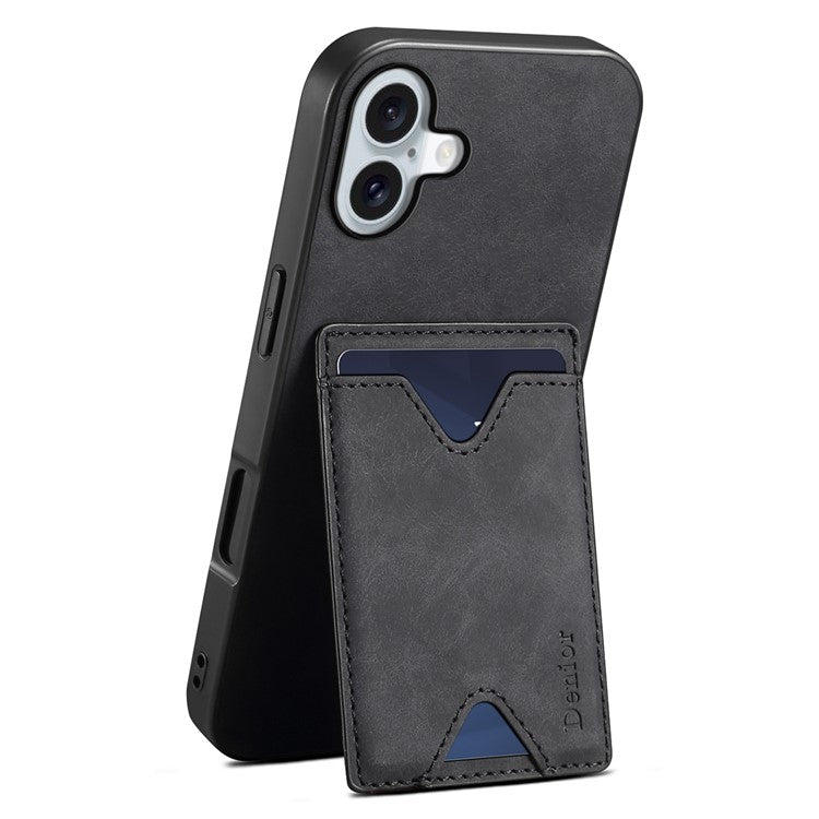DENIOR For iPhone 16 Plus Case Leather+TPU Card Slot Kickstand Phone Cover - Black