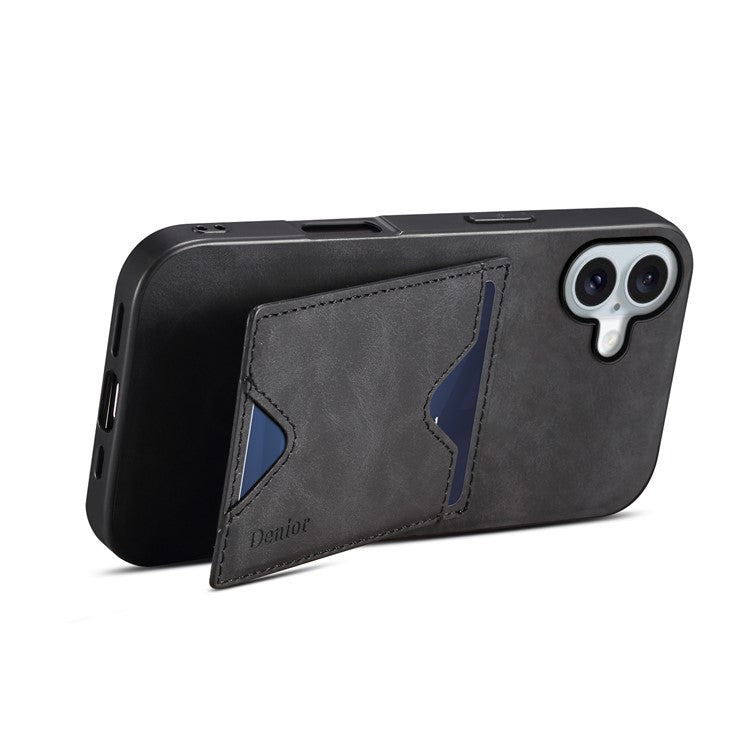 DENIOR For iPhone 16 Plus Case Leather+TPU Card Slot Kickstand Phone Cover - Black
