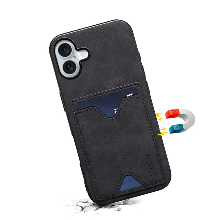 DENIOR For iPhone 16 Plus Case Leather+TPU Card Slot Kickstand Phone Cover - Black