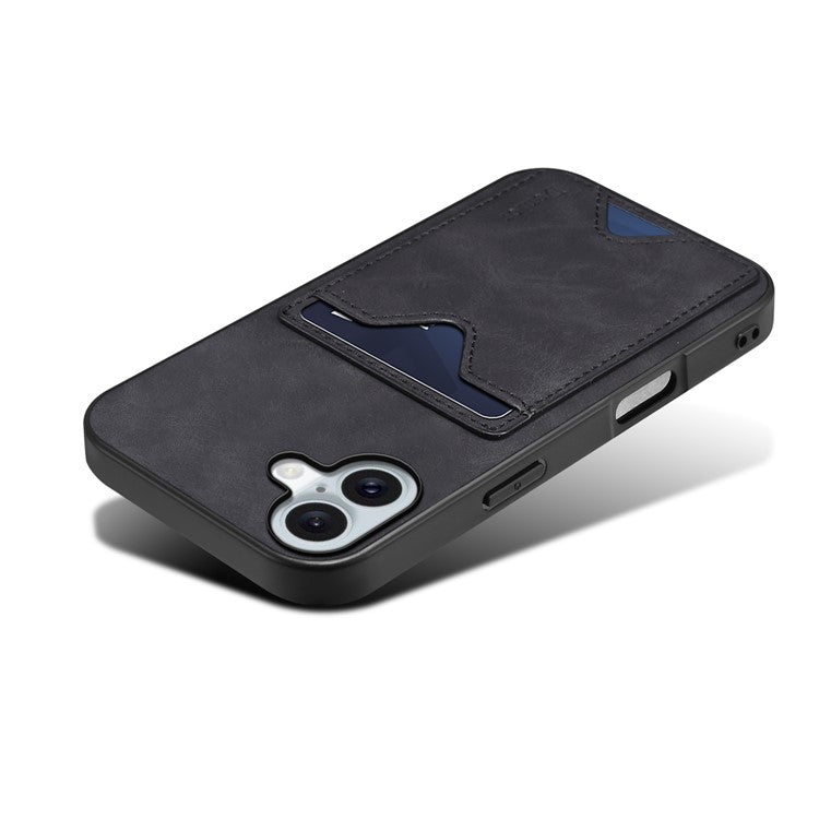 DENIOR For iPhone 16 Plus Case Leather+TPU Card Slot Kickstand Phone Cover - Black