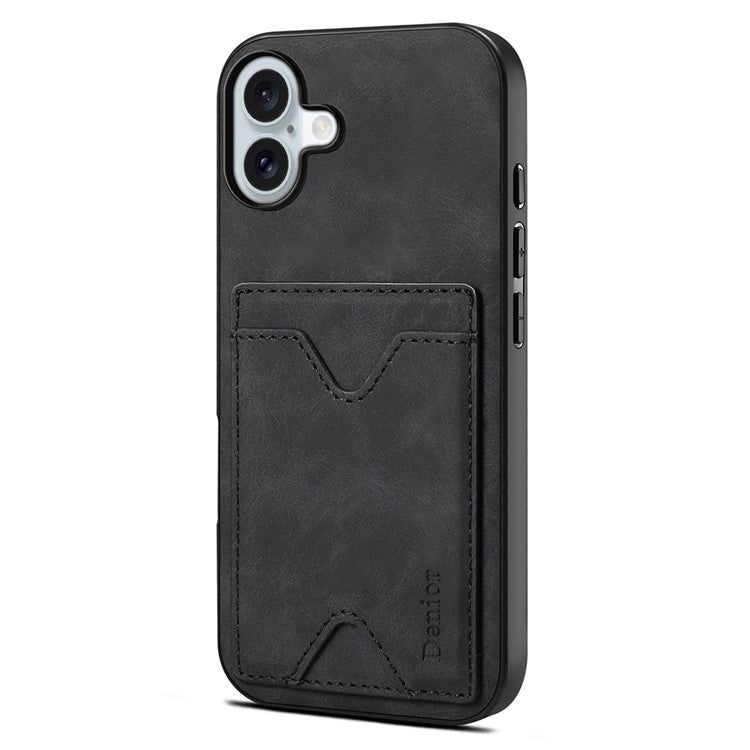 DENIOR For iPhone 16 Plus Case Leather+TPU Card Slot Kickstand Phone Cover - Black