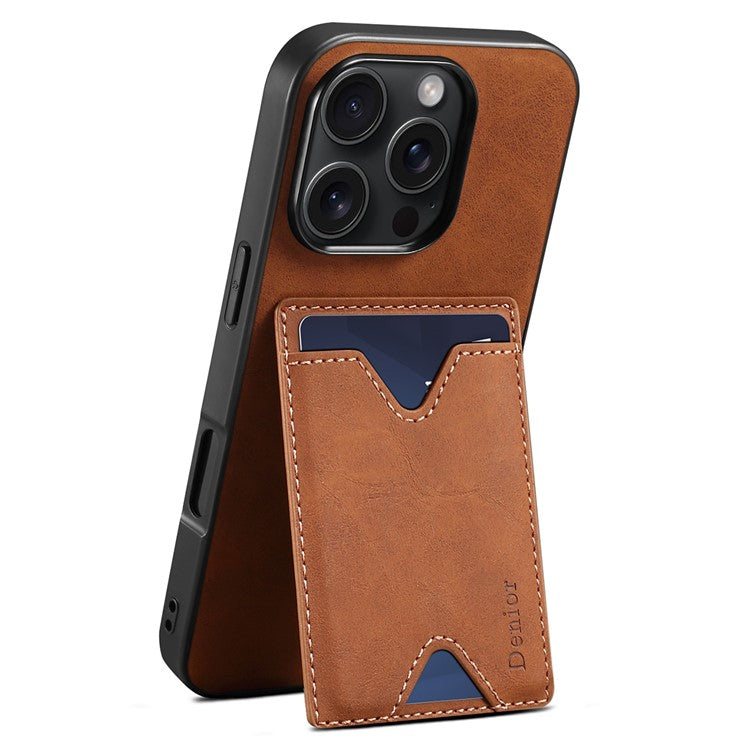 DENIOR For iPhone 16 Pro Case Leather+TPU Card Slot Kickstand Phone Cover - Brown