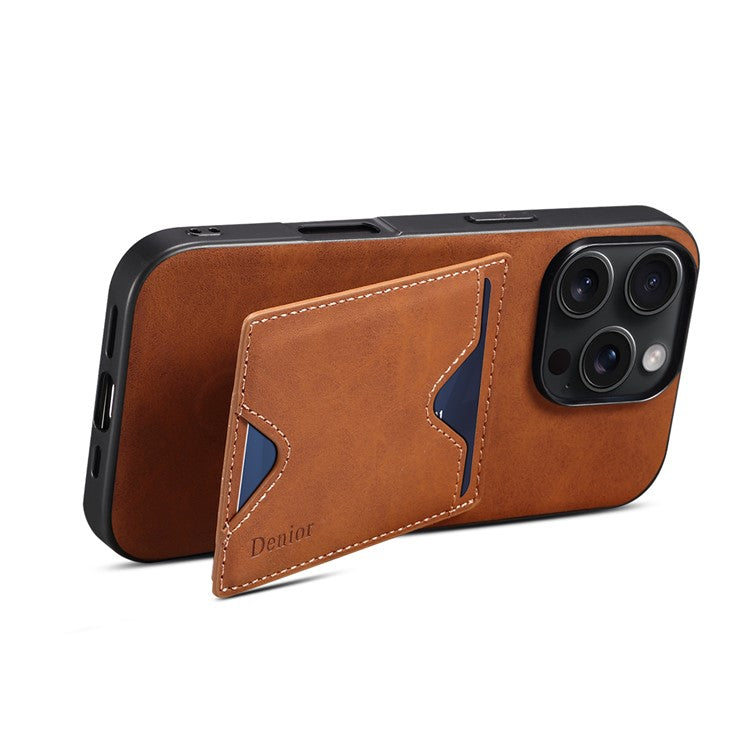 DENIOR For iPhone 16 Pro Case Leather+TPU Card Slot Kickstand Phone Cover - Brown