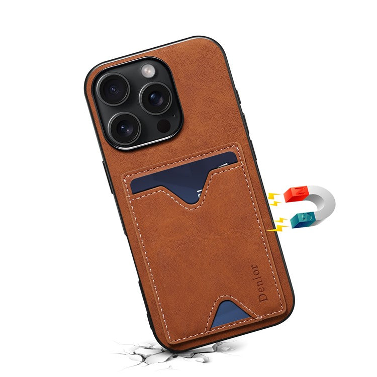 DENIOR For iPhone 16 Pro Case Leather+TPU Card Slot Kickstand Phone Cover - Brown