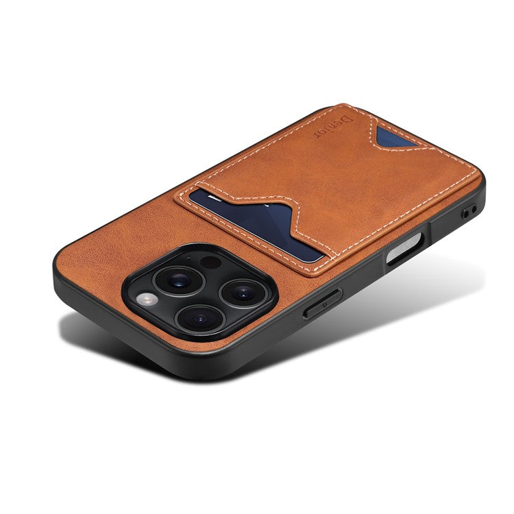 DENIOR For iPhone 16 Pro Case Leather+TPU Card Slot Kickstand Phone Cover - Brown