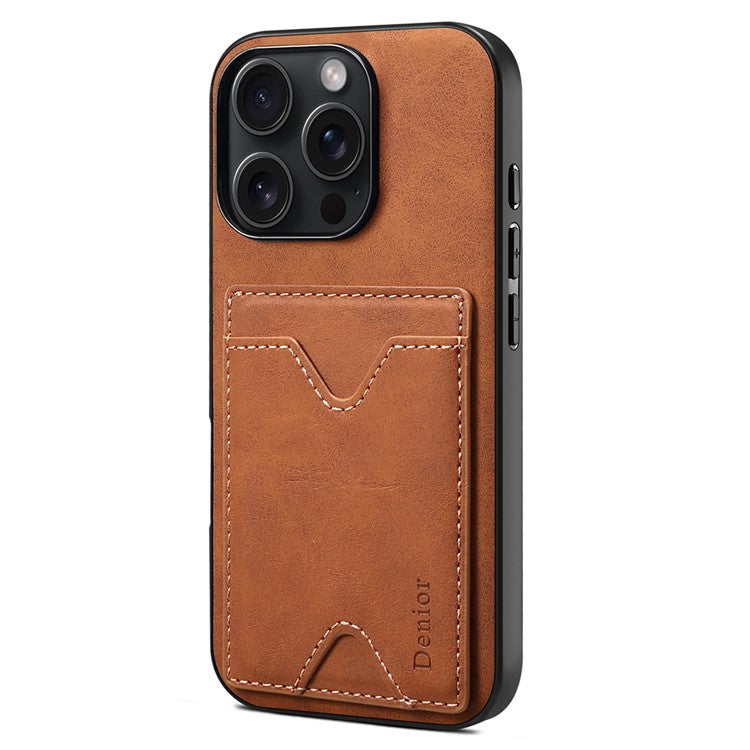 DENIOR For iPhone 16 Pro Case Leather+TPU Card Slot Kickstand Phone Cover - Brown