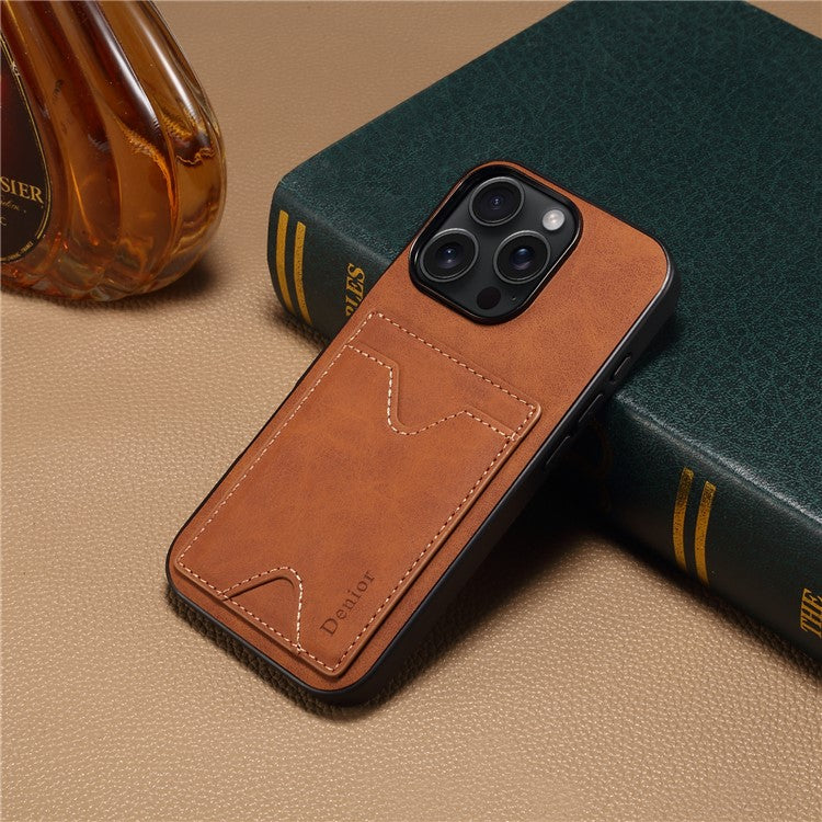 DENIOR For iPhone 16 Pro Case Leather+TPU Card Slot Kickstand Phone Cover - Brown