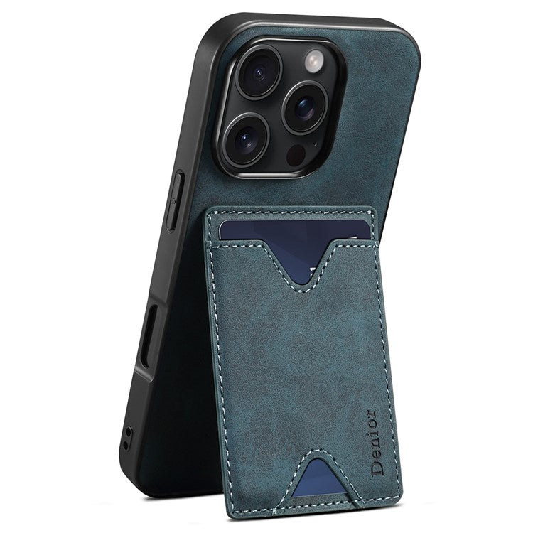 DENIOR For iPhone 16 Pro Case Leather+TPU Card Slot Kickstand Phone Cover - Blue