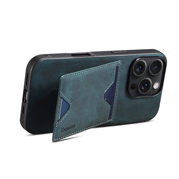 DENIOR For iPhone 16 Pro Case Leather+TPU Card Slot Kickstand Phone Cover - Blue