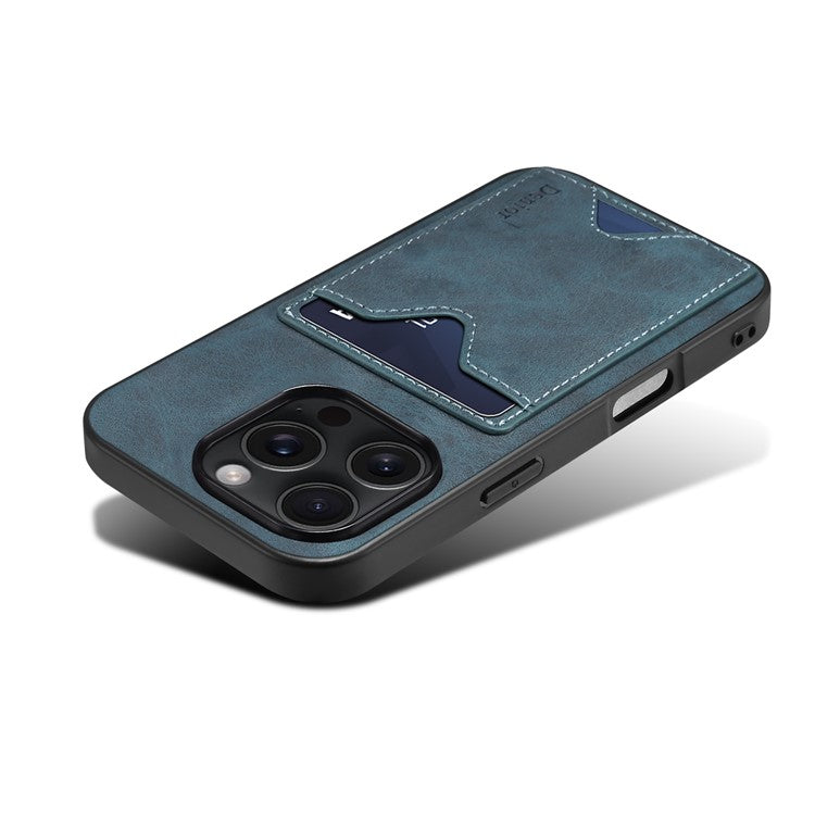 DENIOR For iPhone 16 Pro Case Leather+TPU Card Slot Kickstand Phone Cover - Blue
