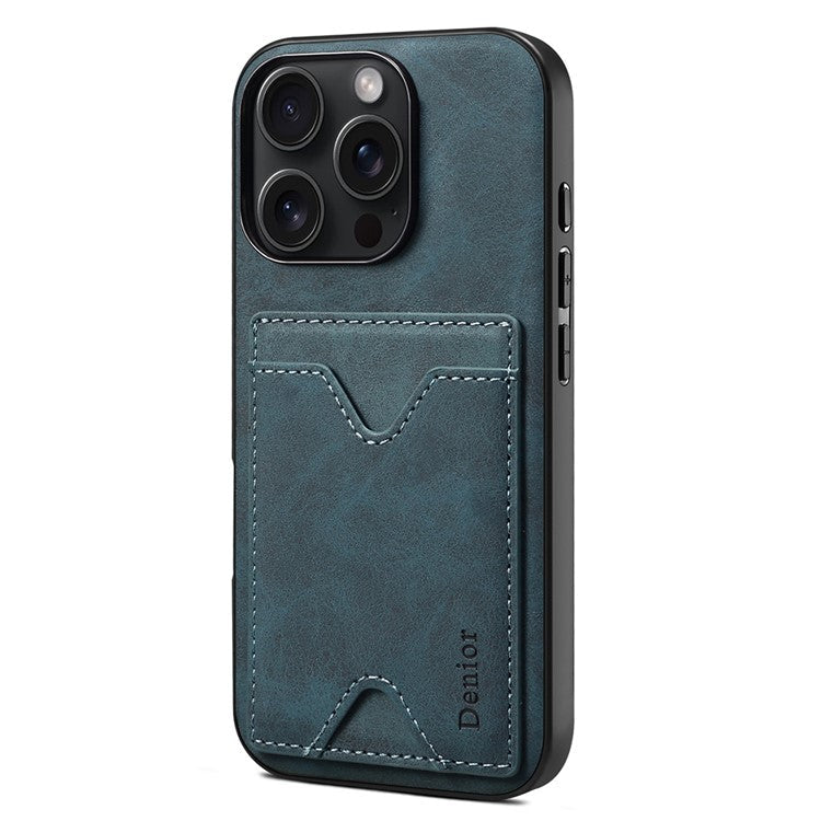 DENIOR For iPhone 16 Pro Case Leather+TPU Card Slot Kickstand Phone Cover - Blue